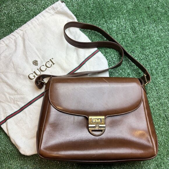 Vintage 60's Gucci Shoulder Bag Brown Leather W Dust Bag Made In Italy Authentic - Picture 1 of 13